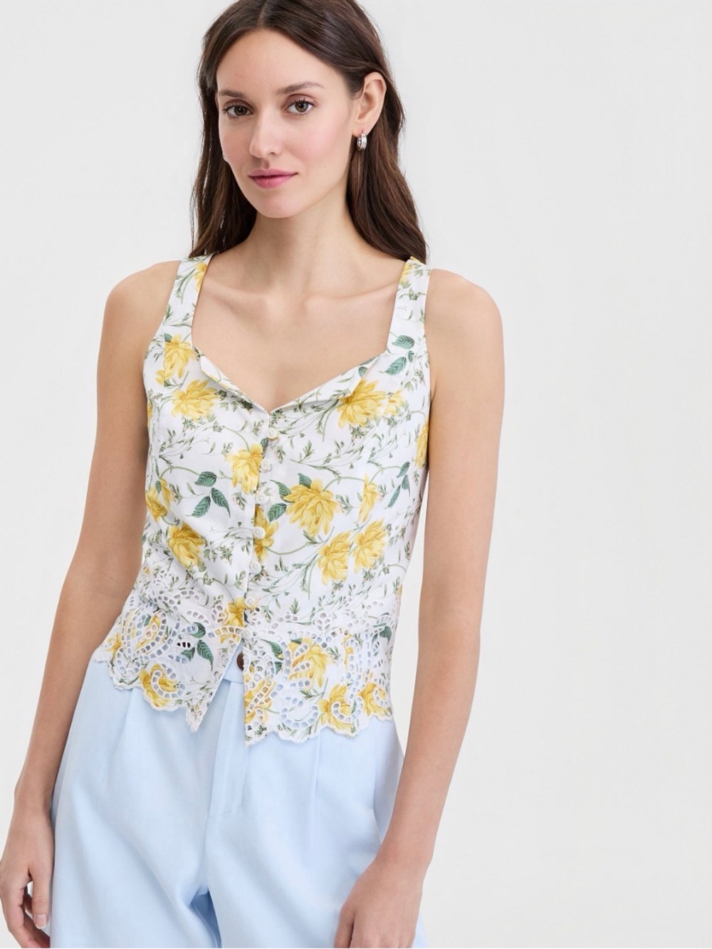Cotton Button-Front Cutwork Tank Top - Sz. Med